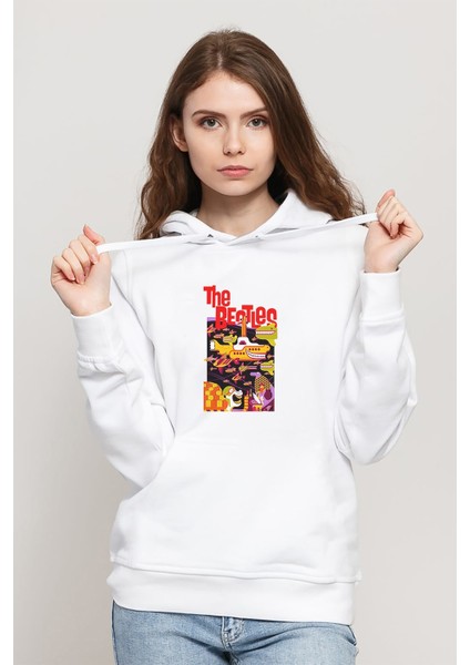Beatles Yellow Submarıne Baskılı Beyaz Kadın Örme Kapşonlu Sweatshirt Uzun Kol
