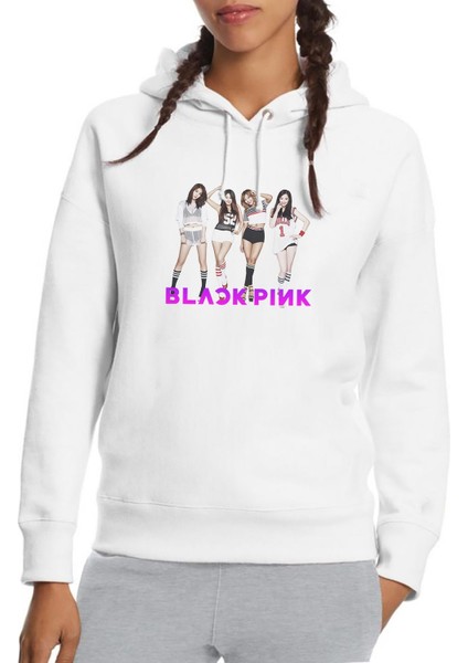 Black Pink Grup K Pop Kore Baskılı Beyaz Kadın Örme Kapşonlu Sweatshirt Uzun Kol