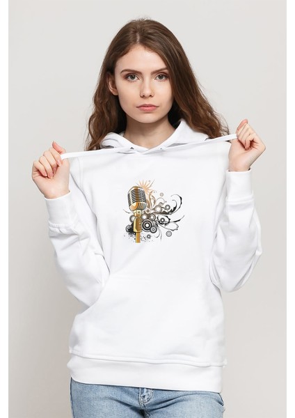 Altın Renkli Mikrofon Mikrofon Shure Müzik Baskılı Beyaz Kadın Örme Kapşonlu Sweatshirt Uzun Kol
