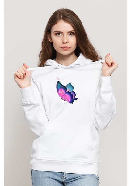 Watercolor Butterfly Kelebek Baskılı Kadın Örme Kapüşonlu Beyaz Sweatshirt Uzun Kol