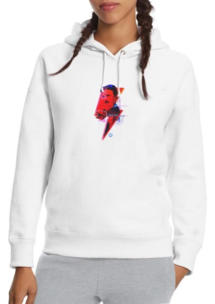 Nikola Tesla Art Ppcorn Baskılı Beyaz Kadın Örme Kapşonlu Sweatshirt Uzun Kol