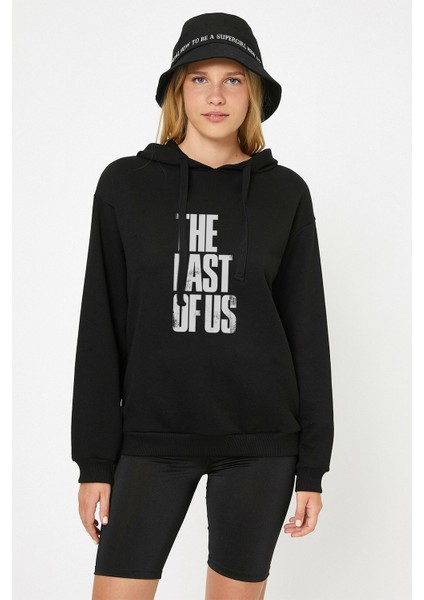 The Last Of Us Eskitme Yazlı Baskılı Siyah Kadın Örme Kapşonlu Sweatshirt Uzun Kol