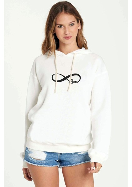Sonsuzluk Love Black Baskılı Beyaz Kadın Örme Kapşonlu Sweatshirt Uzun Kol