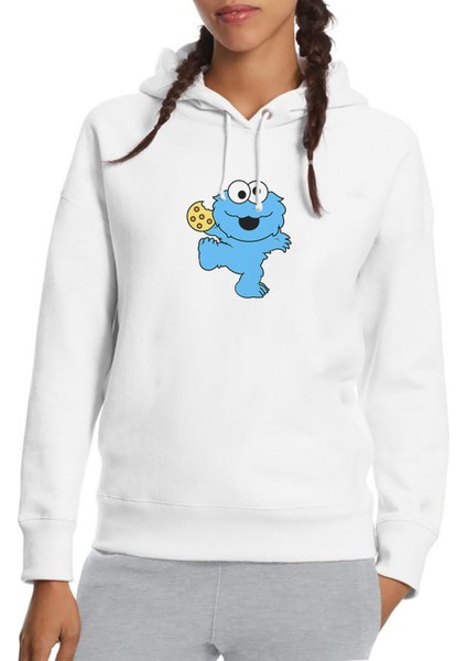 Kurabiye Canavarı Elmo Küçük Baskılı Beyaz Kadın Örme Kapşonlu Sweatshirt Uzun Kol
