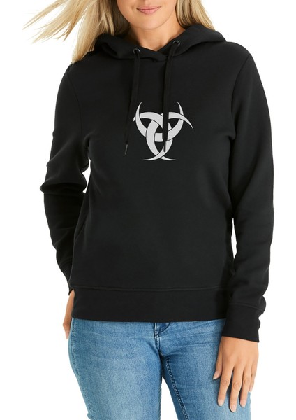 Göktürk Teşkilatı Mahsusa Baskılı Siyah Kadın Örme Kapşonlu Sweatshirt Uzun Kol