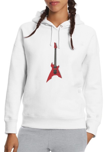 Ibanez Rg Elektro Gitar Gitarist Gitar Baskılı Beyaz Kadın Örme Kapşonlu Sweatshirt Uzun Kol