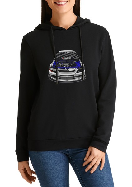 Mitsubishi Evolution Ix Baskılı Siyah Kadın Örme Kapşonlu Sweatshirt Uzun Kol