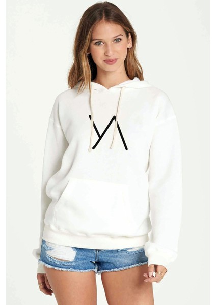 Türk Boyları Yiva Iva Baskılı Beyaz Kadın Örme Kapşonlu Sweatshirt Uzun Kol