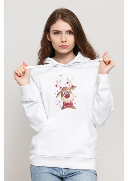 Watercolor Christmas Deer Baskılı Kadın Örme Kapüşonlu Beyaz Sweatshirt Uzun Kol