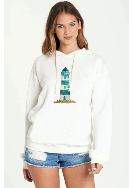 Watercolor Lighthouse Deniz Feneri Baskılı Kadın Örme Kapüşonlu Beyaz Sweatshirt Uzun Kol