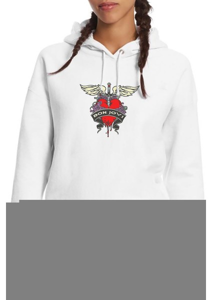 Bon Jovı Heart Baskılı Beyaz Kadın Örme Kapşonlu Sweatshirt Uzun Kol