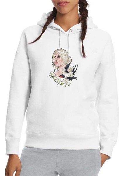 Witcher Ciri The Witcher Metal Rock Baskılı Beyaz Kadın Örme Kapşonlu Sweatshirt Uzun Kol
