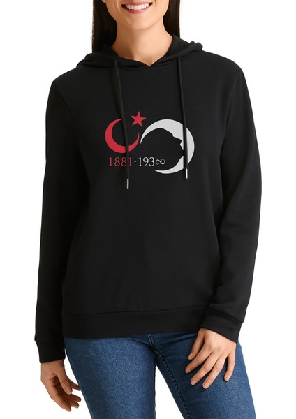 10 Kasım Silüet Turk Bayrağı Baskılı Siyah Kadın Örme Kapşonlu Sweatshirt Uzun Kol