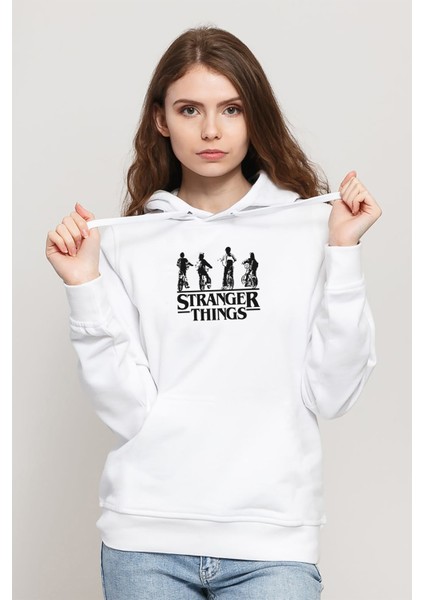 Stanger Things Bisiklet Arka Dönük Baskılı Kadın Örme Kapüşonlu Beyaz Sweatshirt Uzun Kol