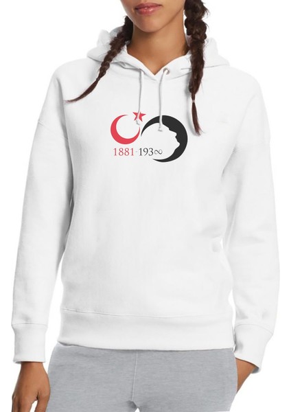 10 Kasım Silüet Turk Bayrağı Baskılı Beyaz Kadın Örme Kapşonlu Sweatshirt Uzun Kol