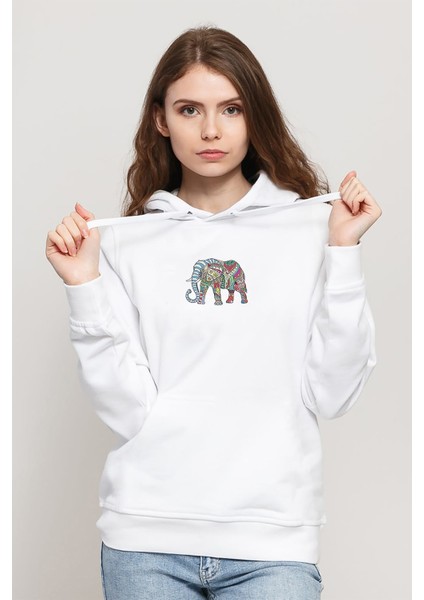 Mandala Çizim Asya Fili Boyama Baskılı Beyaz Kadın Örme Kapşonlu Sweatshirt Uzun Kol
