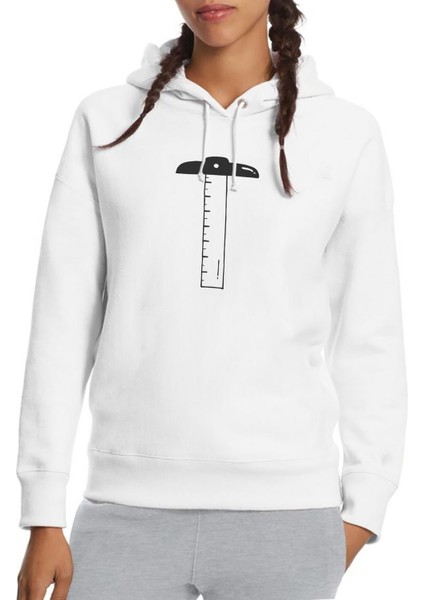 T Cetvel Baskılı Beyaz Kadın Örme Kapşonlu Sweatshirt Uzun Kol