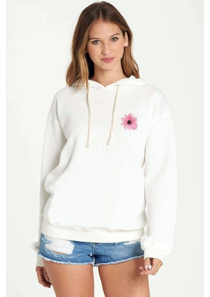 Oklid Pembe Güzel Suluboya Çiçek Pembe Baskılı Beyaz Kadın Örme Kapşonlu Sweatshirt Uzun Kol