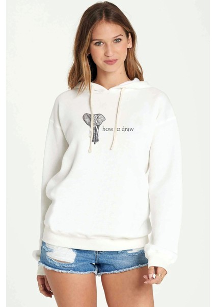 Zentangle Elephants Fil How To Draw Baskılı Beyaz Kadın Örme Kapşonlu Sweatshirt Uzun Kol