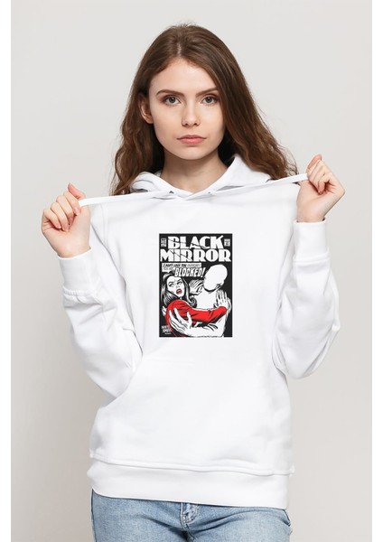 Black Mirror Blocked Baskılı Beyaz Kadın Örme Kapşonlu Sweatshirt Uzun Kol