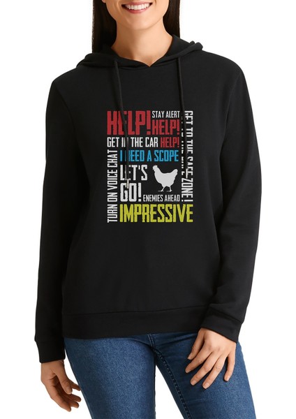 Pubg Karısık Baskılı Siyah Kadın Örme Kapşonlu Sweatshirt Uzun Kol