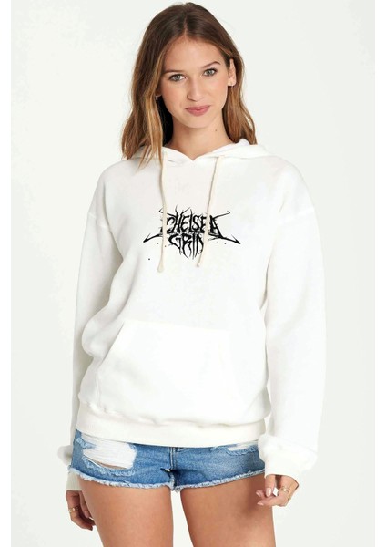 Chelsea Grin Logo Baskılı Beyaz Kadın Örme Kapşonlu Sweatshirt Uzun Kol