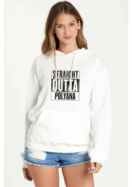 Pubg Straıght Outta Polyana Baskılı Beyaz Kadın Örme Kapşonlu Sweatshirt Uzun Kol