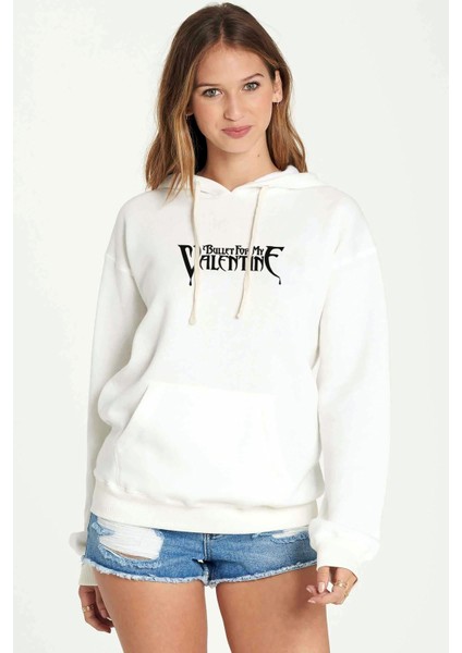 Bullet For My Valentine Logo 2 Baskılı Beyaz Kadın Örme Kapşonlu Sweatshirt Uzun Kol