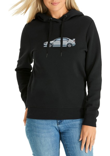 Mitsubishi Lancer Evo x Baskılı Siyah Kadın Örme Kapşonlu Sweatshirt Uzun Kol