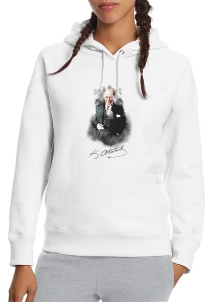 Ulu Önder Mustafa Kemal Atatürk Baskılı Beyaz Kadın Örme Kapşonlu Sweatshirt Uzun Kol