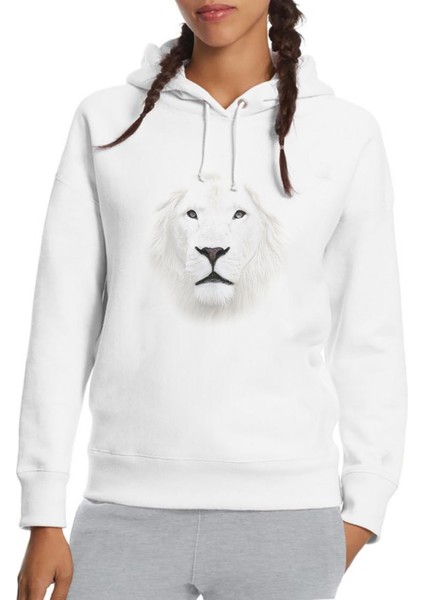 White Lion Baskılı Beyaz Kadın Örme Kapşonlu Sweatshirt Uzun Kol