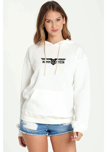 Rammstein Rock Music Baskılı Beyaz Kadın Örme Kapşonlu Sweatshirt Uzun Kol