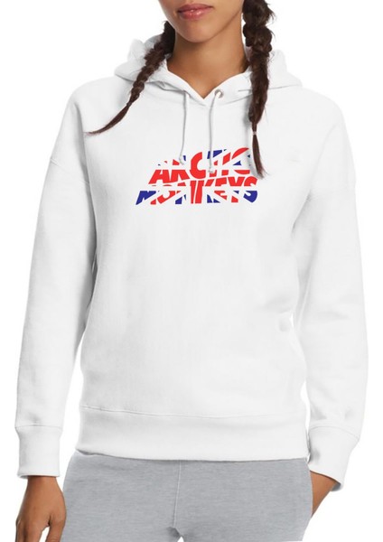 Arctic Monkeys Baskılı Beyaz Kadın Örme Kapşonlu Sweatshirt Uzun Kol