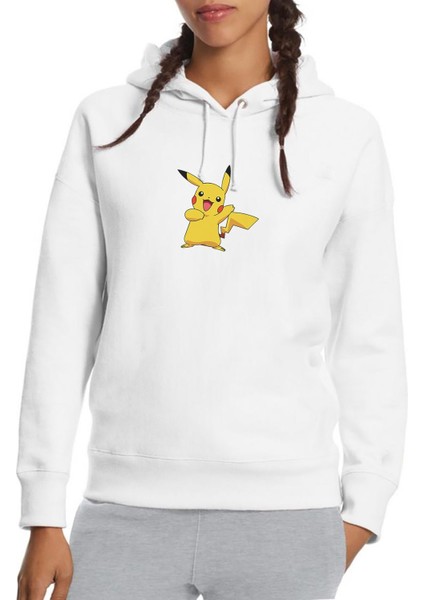 Pokemon Pikachu Baskılı Beyaz Kadın Örme Kapşonlu Sweatshirt Uzun Kol
