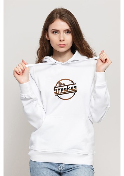 The Strokes Baskılı Beyaz Kadın Örme Kapşonlu Sweatshirt Uzun Kol