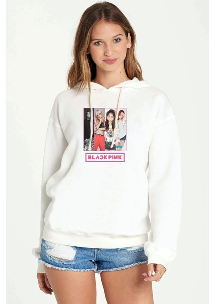 Kpop Blackpink Black Pink Collage Baskılı Kadın Örme Kapüşonlu Beyaz Sweatshirt Uzun Kol