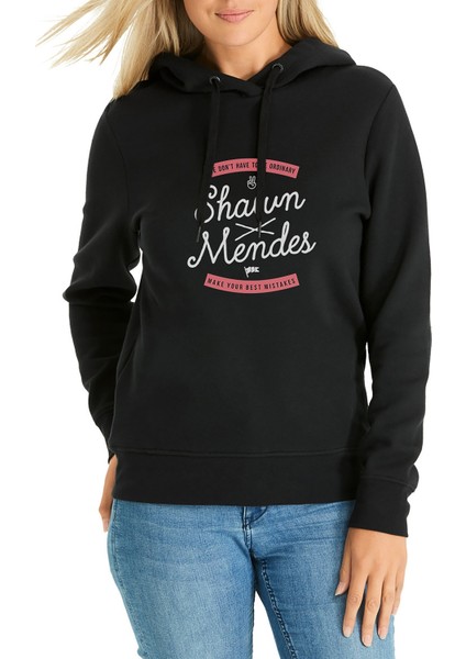 Shawn Mendes Best Mistakes Baskılı Siyah Kadın Örme Kapşonlu Sweatshirt Uzun Kol