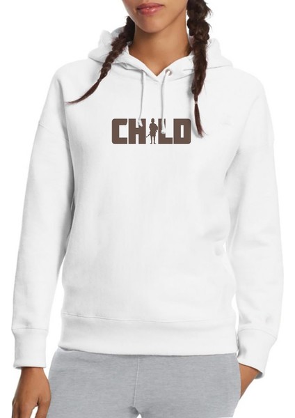 Chıld Baskılı Beyaz Kadın Örme Kapşonlu Sweatshirt Uzun Kol
