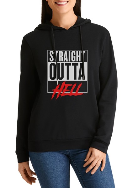 Lucifer Straight Outta Hell Baskılı Siyah Kadın Örme Kapşonlu Sweatshirt Uzun Kol