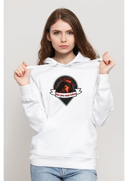 Carmen Sandiego See You Next Crime Baskılı Kadın Örme Kapüşonlu Beyaz Sweatshirt Uzun Kol