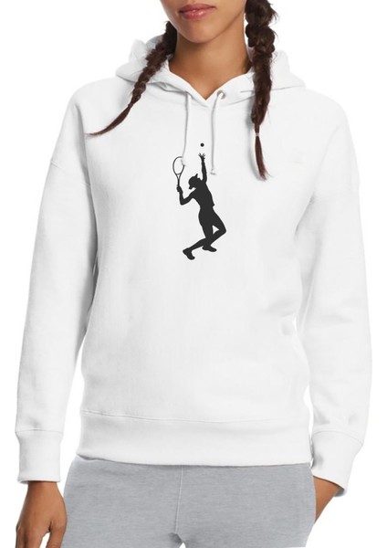 Tennis Spor Baskılı Beyaz Kadın Örme Kapşonlu Sweatshirt Uzun Kol