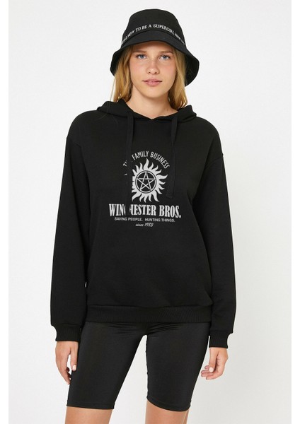 Supernatural Winchester Bros Baskılı Siyah Kadın Örme Kapşonlu Sweatshirt Uzun Kol