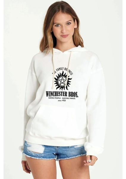 Supernatural Winchester Bros Baskılı Beyaz Kadın Örme Kapşonlu Sweatshirt Uzun Kol