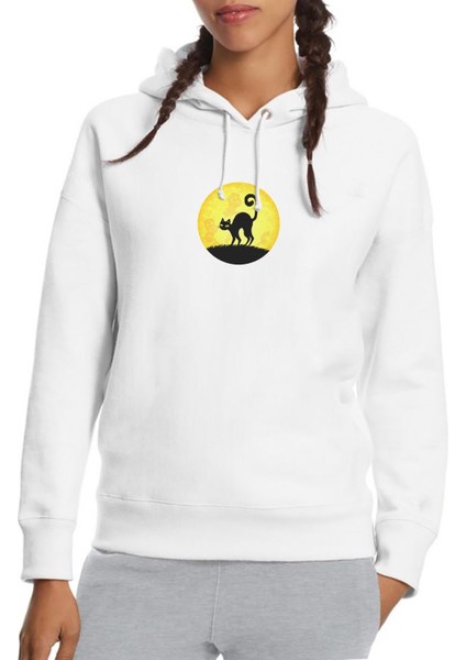 Black Cat In The Moon Baskılı Beyaz Kadın Örme Kapşonlu Sweatshirt Uzun Kol