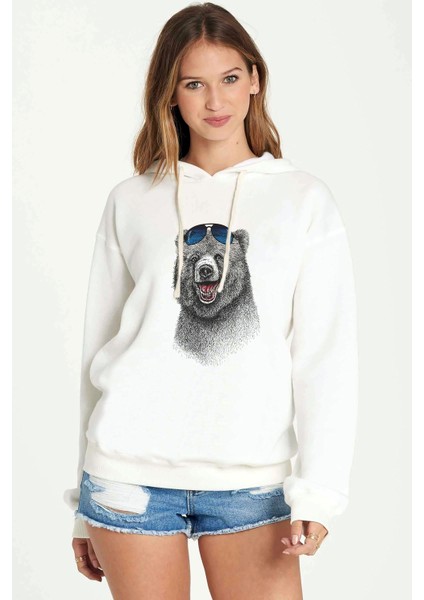 Ayı Kutup Ayısı Boz Ayı Bear Baskılı Beyaz Kadın Örme Kapşonlu Sweatshirt Uzun Kol