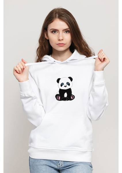 Panda Baskılı Beyaz Kadın Örme Kapşonlu Sweatshirt Uzun Kol