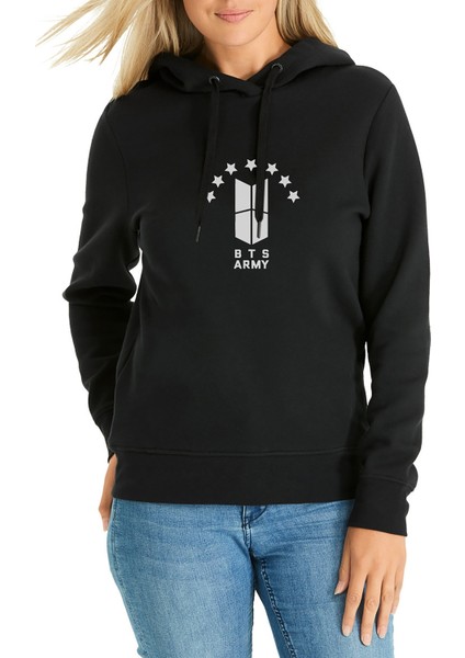 Bts Army Baskılı Siyah Kadın Örme Kapşonlu Sweatshirt Uzun Kol