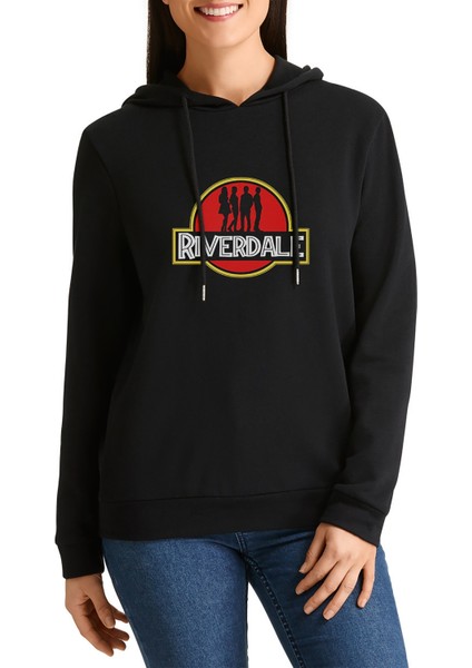 Riverdale Jurassic Park Logo Baskılı Siyah Kadın Örme Kapşonlu Sweatshirt Uzun Kol
