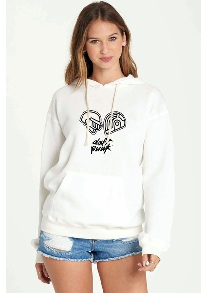 Daft Punk Helmet & Yazi Baskılı Beyaz Kadın Örme Kapşonlu Sweatshirt Uzun Kol