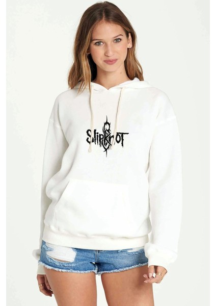 Slipknot Baskılı Beyaz Kadın Örme Kapşonlu Sweatshirt Uzun Kol
